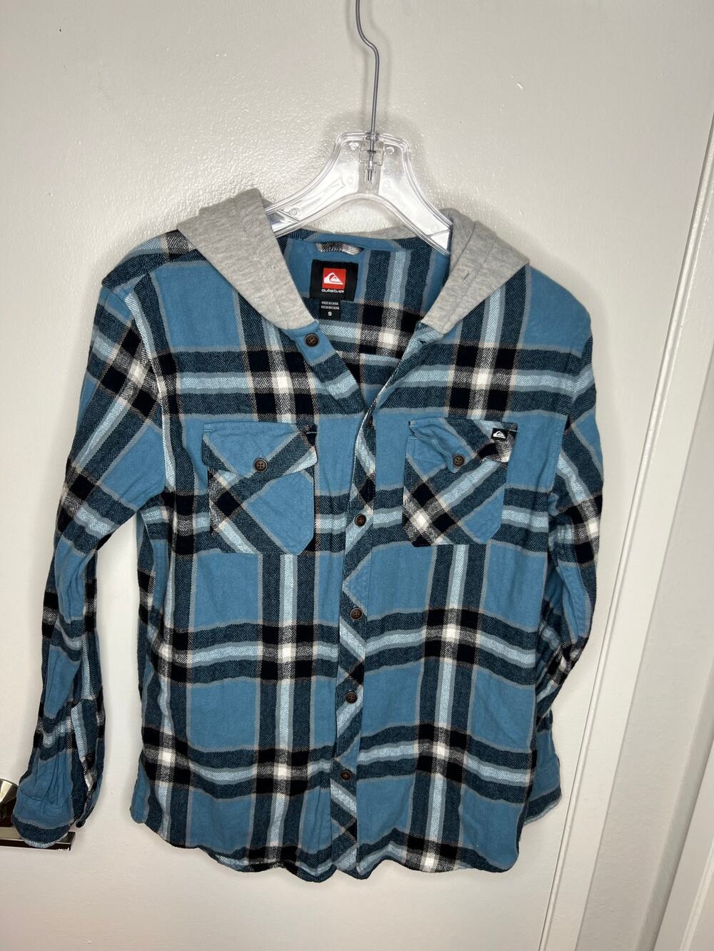 Quiksilver Men's Hooded Plaid Flannel Shirt Blue ~ Size S